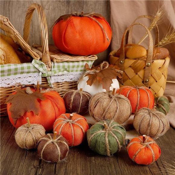 Set of 12 Thanksgiving Decor Artificial Pumpkins, Burlap Pumpkin with Leaves - Picture 2 of 6
